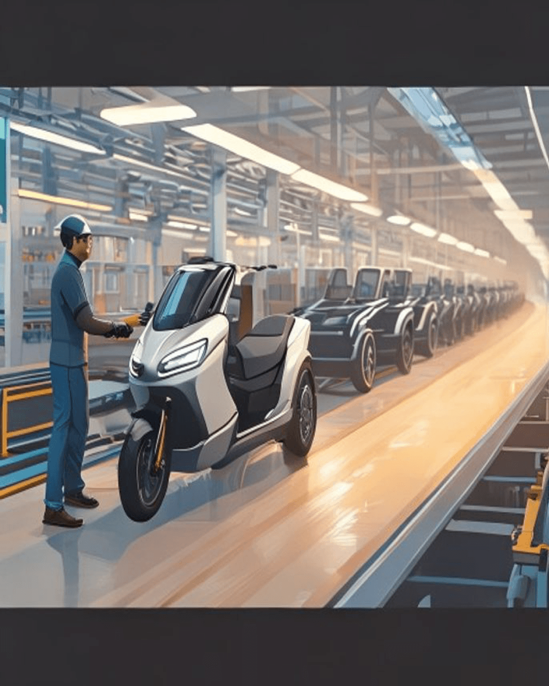 A modern automobile assembly line in India showing sleek electric two-wheelers being manufactured under warm lighting.