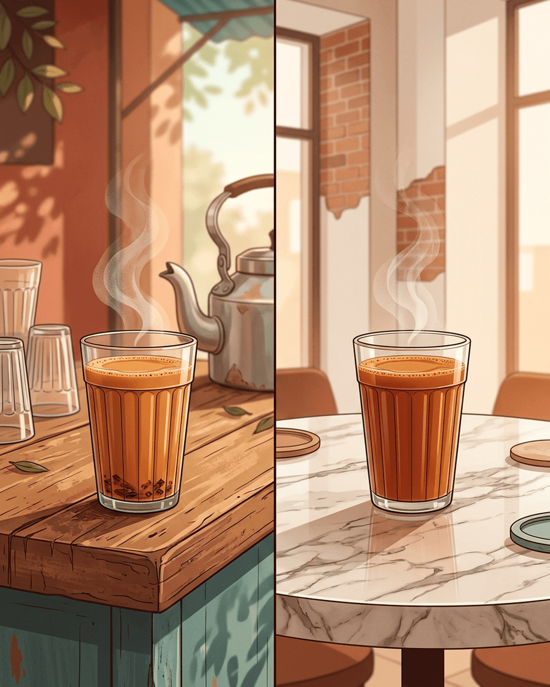 Two identical glasses of steaming hot tea side-by-side: one on a simple wooden street stall table, the other on a polished cafe table.