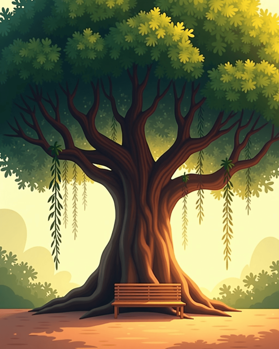 A grand, mature Banyan tree with aerial roots forming new trunks, casting protective shade over a simple wooden bench in the golden morning light.