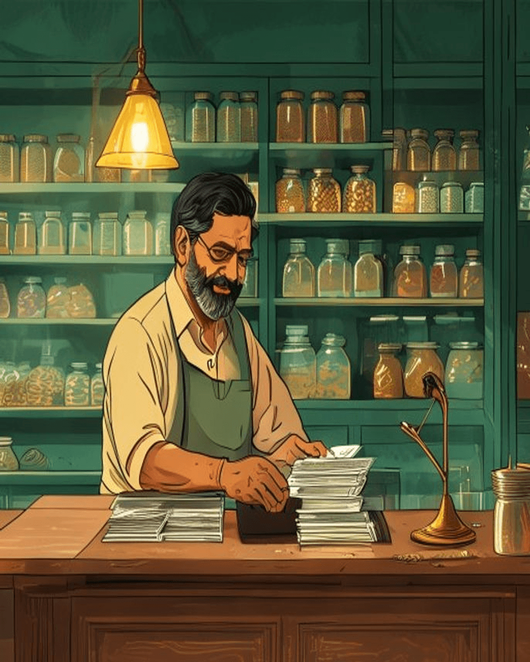 An Indian shopkeeper sorting money into two neat stacks on a wooden counter inside a tidy grocery store, illuminated by a warm lamp.