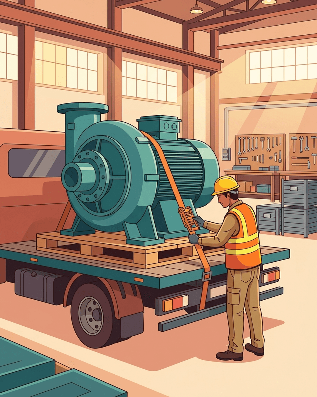 An editorial illustration of an Indian factory worker securing a large industrial turbine onto a delivery truck, representing order execution.