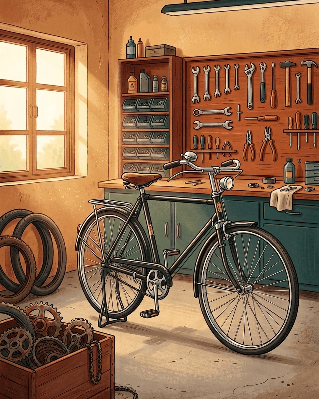 An editorial illustration of a sunlit Indian bicycle workshop with an organized pegboard and a restored bicycle, symbolizing a business turnaround.