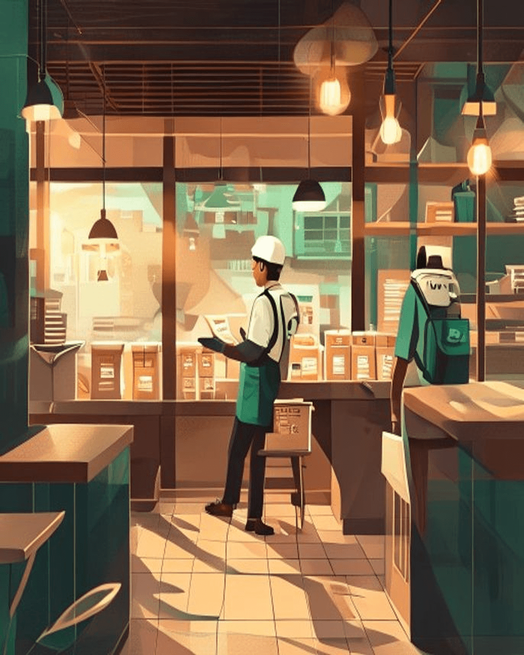 A chef in a modern, table-free cloud kitchen handing a package to a delivery rider through a service window, representing a capital-light business.