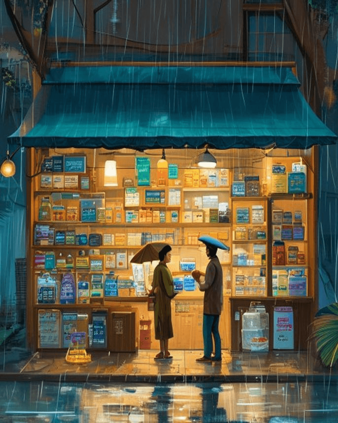 A warm editorial illustration of a traditional Indian kirana store during monsoon rain, with a shopkeeper selling daily essentials under a canopy.