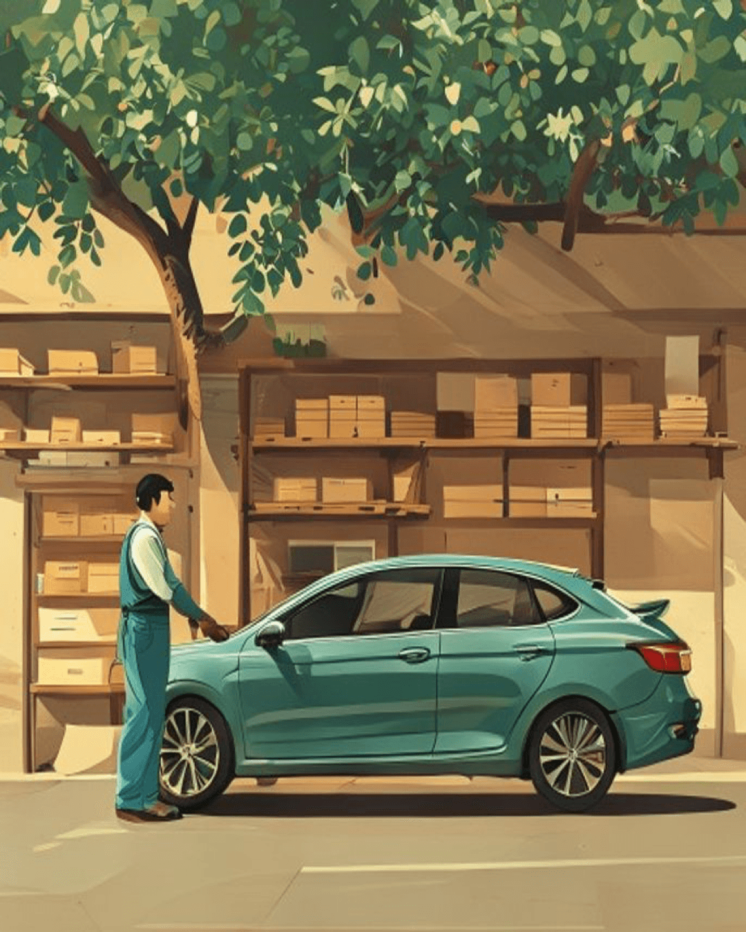A warm editorial illustration of a neat Indian car garage under a green tree, with a mechanic standing by an open car hood and shelves of spare parts.
