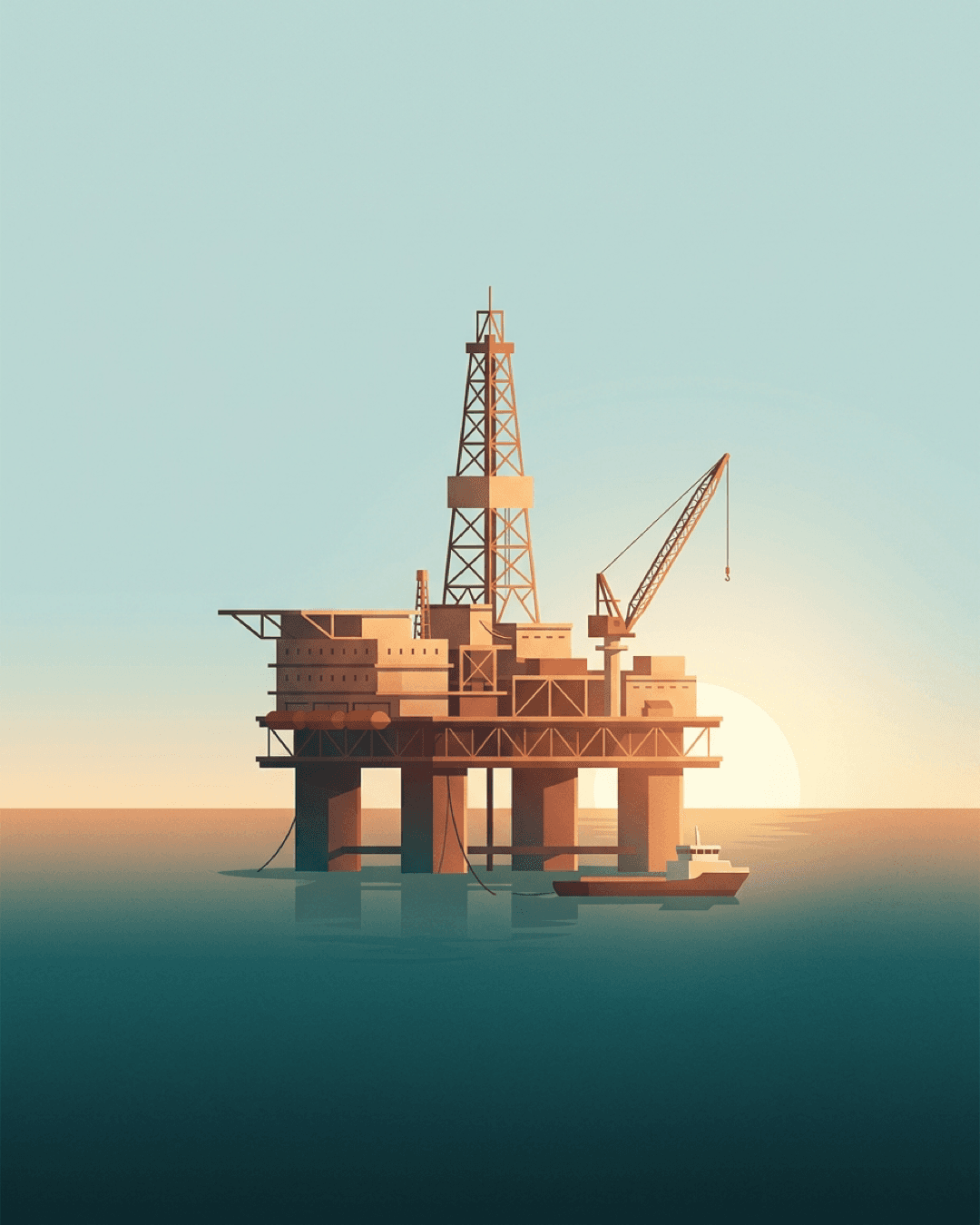 An editorial illustration of an offshore oil drilling platform in the deep blue ocean under a warm sunset sky.