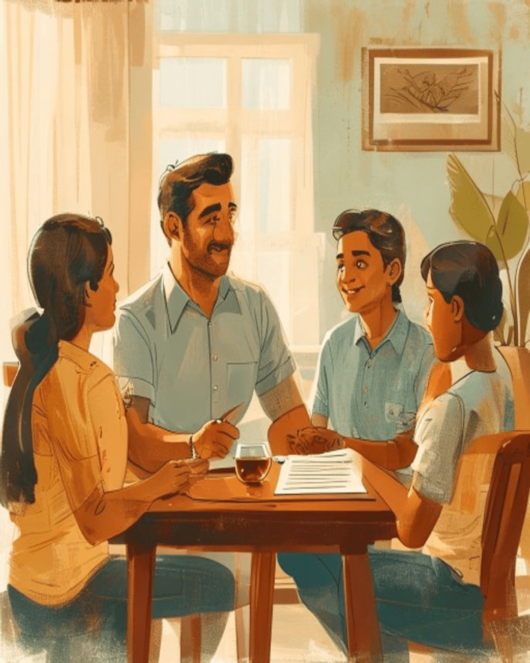 A friendly insurance agent sitting with an Indian family in their living room, explaining a document over tea.