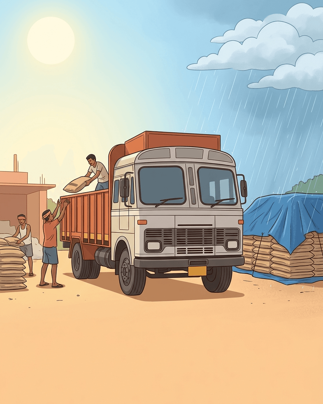 An illustration of an Indian cement yard showing the transition between a sunny construction season and a rainy monsoon season, with cement sacks being loaded and covered.