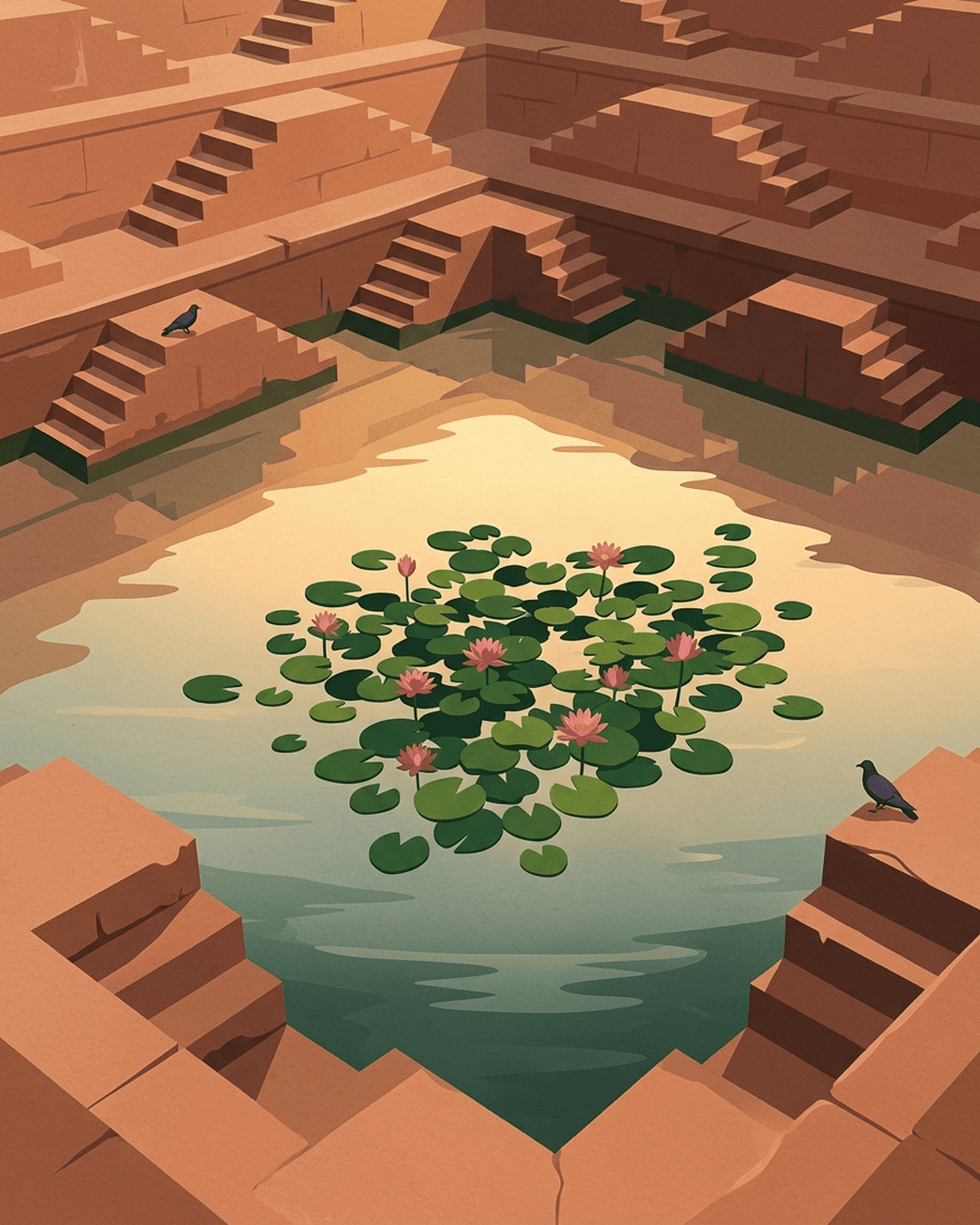 A warm editorial illustration of a serene Indian pond at golden hour with green lily pads expanding across the water.