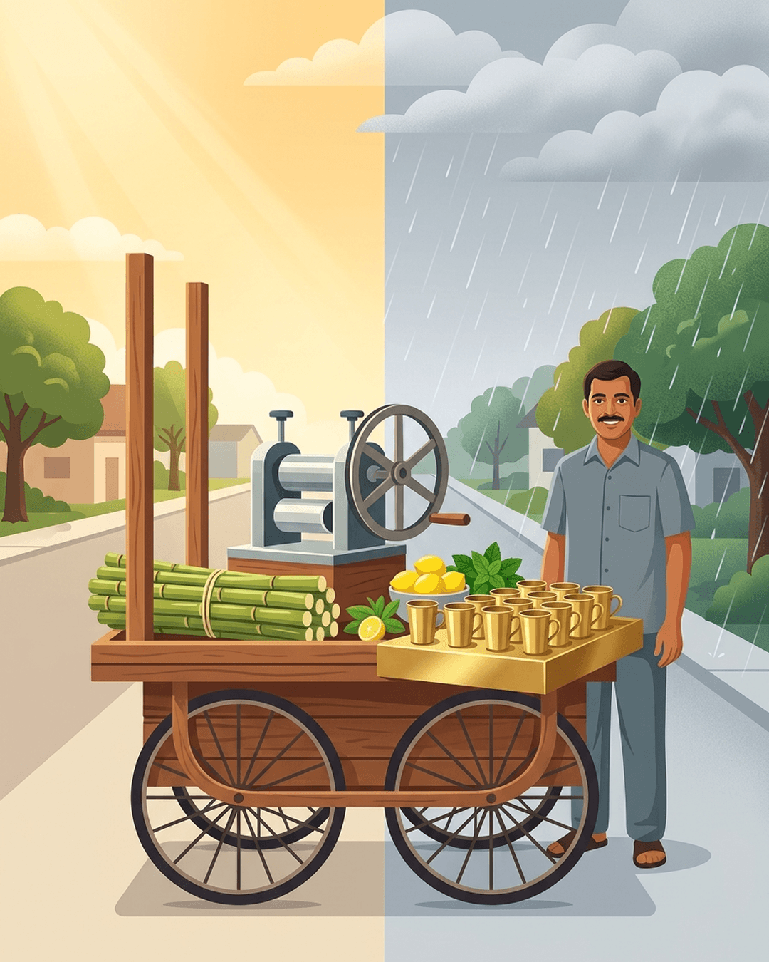 An editorial illustration of an Indian sugarcane juice cart split between a sunny summer sky and a rainy monsoon sky, representing the seasonal cycles of a business.