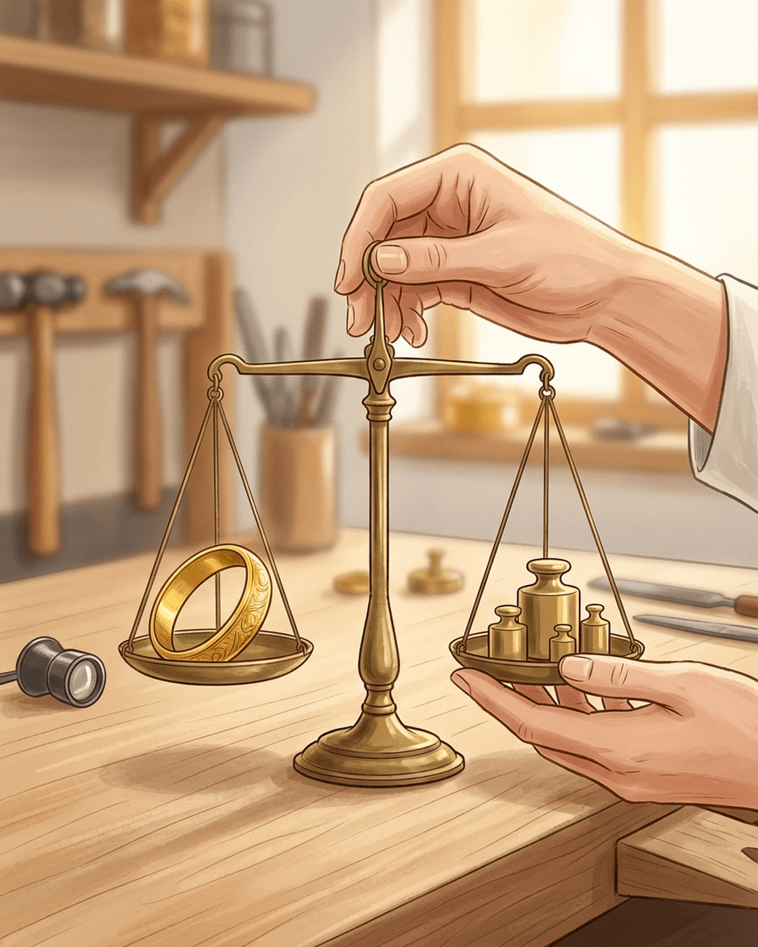 A close-up illustration of a small brass balance scale weighing a gold bangle against plain brass weights on a wooden workbench, representing finding the true, raw value.