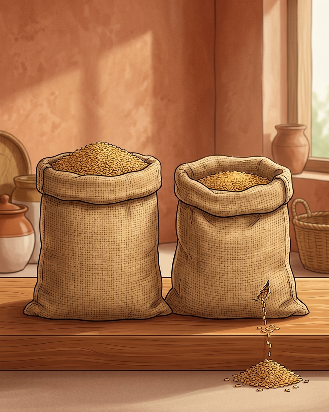 Two jute sacks of grain on a wooden stand. The left one is full and intact. The right one is only 80% full, with a tiny tear at the bottom corner leaking a small trickle of grains.