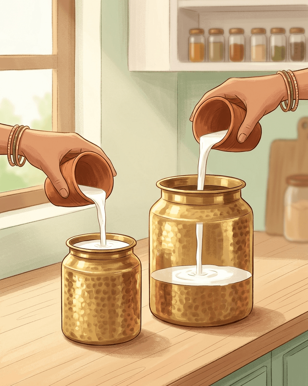 An illustration of two brass canisters of different sizes being filled with the same amount of milk, showing how a smaller container fills up much higher than a larger one.