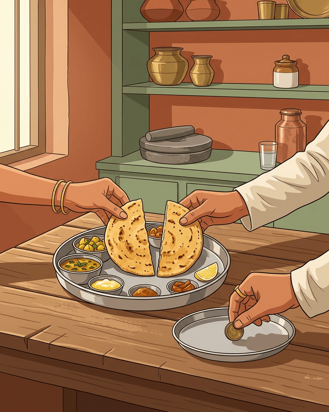 A round flatbread cut in two halves on a steel plate, with two hands reaching for them, next to a third empty plate with a token.