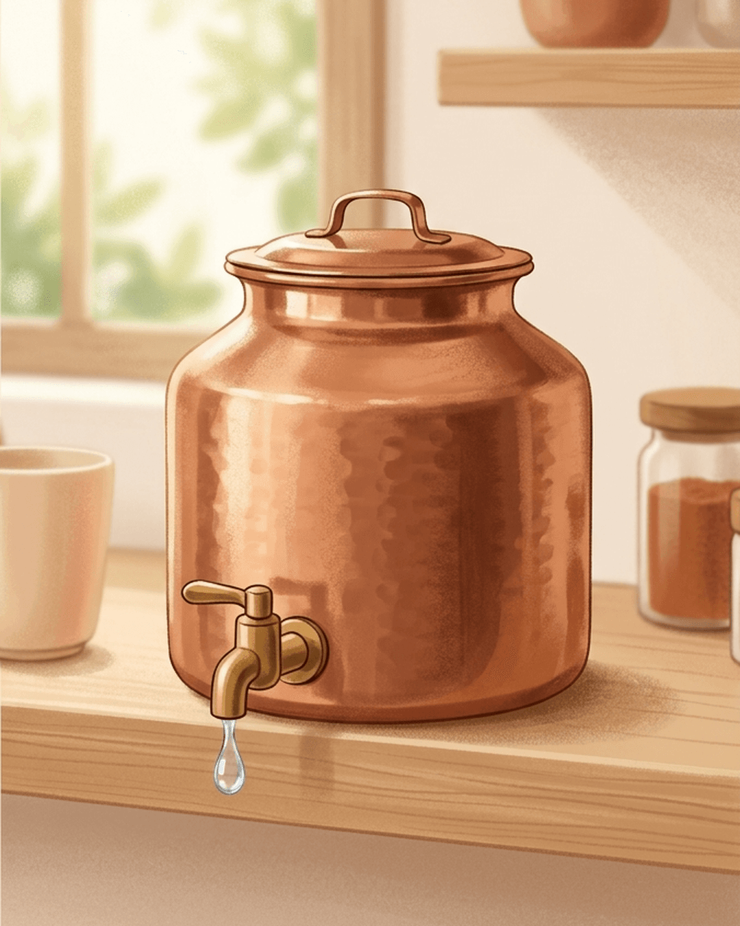 A polished copper water pot on a kitchen shelf, with a single water droplet dripping from its tap, in a warm, sunlit room.