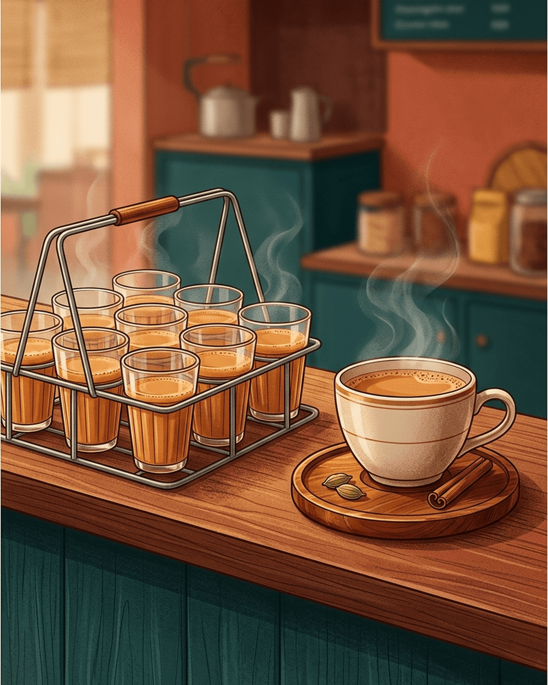 An editorial illustration of a tea counter showing a metal carrier with many small glass cups of tea on one side, and a single premium ceramic cup of cardamom tea on the other.
