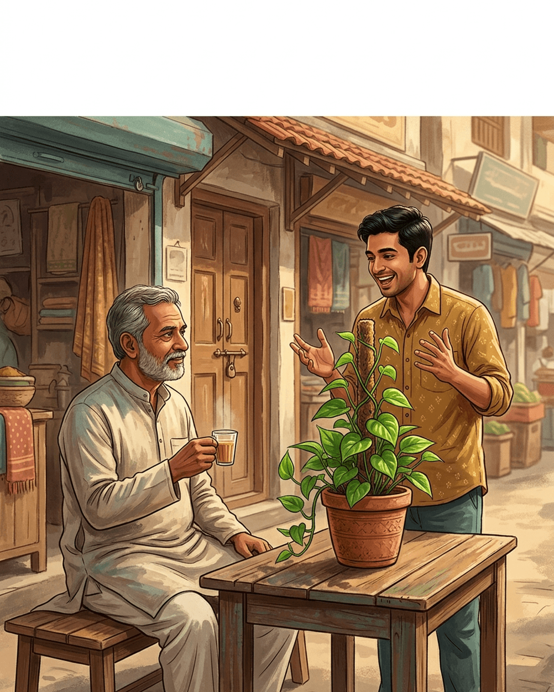 An older merchant calmly drinking tea next to an excited young shopkeeper gesturing with his hands, near a green potted plant in a traditional Indian market lane.
