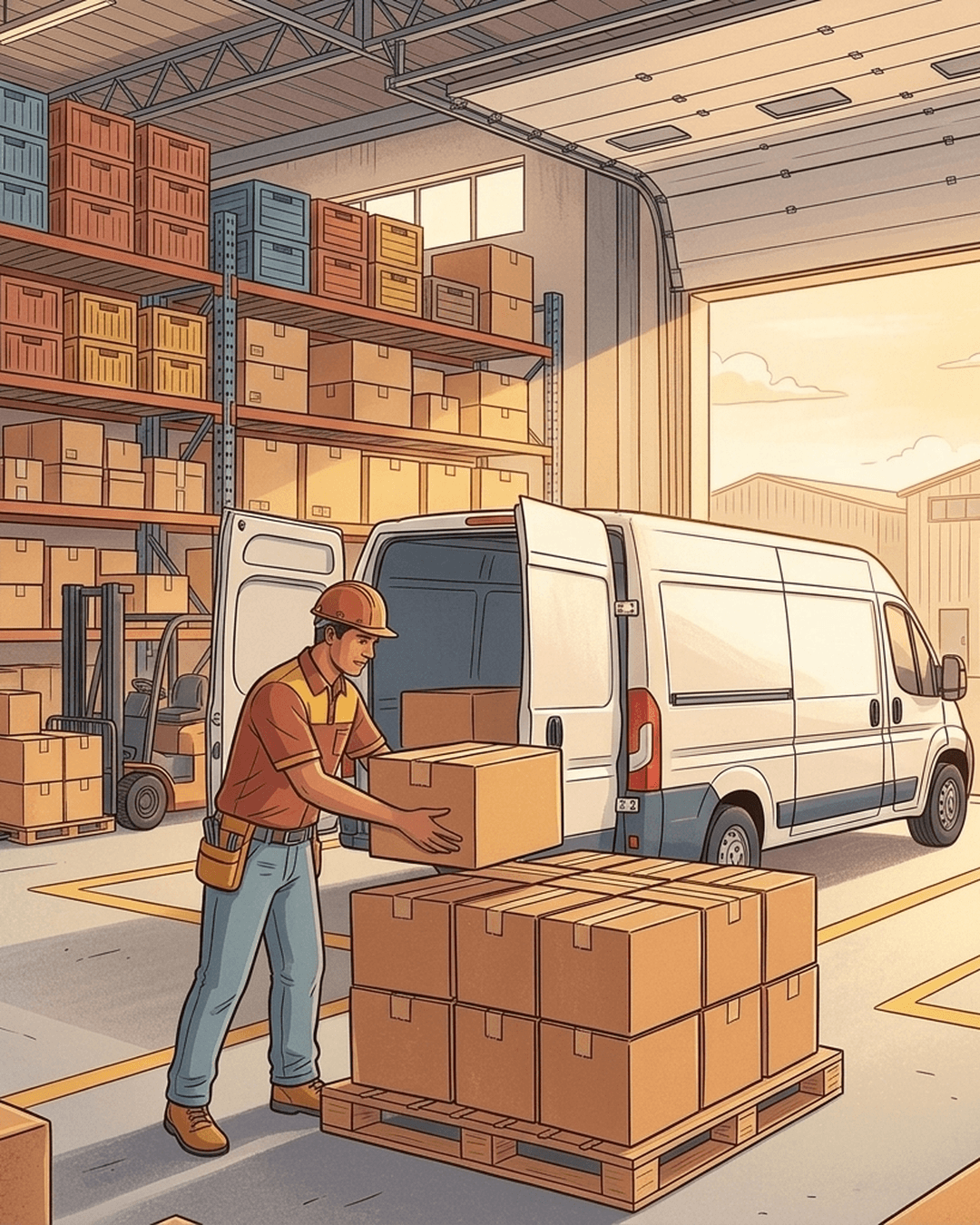 An editorial illustration of a clean, modern, and organized Indian warehouse loading dock where goods are stacked systematically, representing the efficiency of organized businesses.