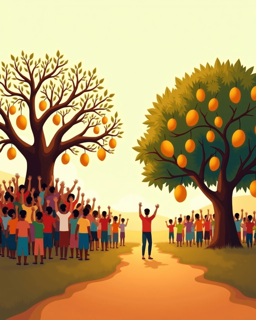 An editorial illustration showing a crowd of people gathered around a barren mango tree with no fruit left, while a nearby tree full of ripe mangoes is ignored, symbolizing herd mentality in investing.