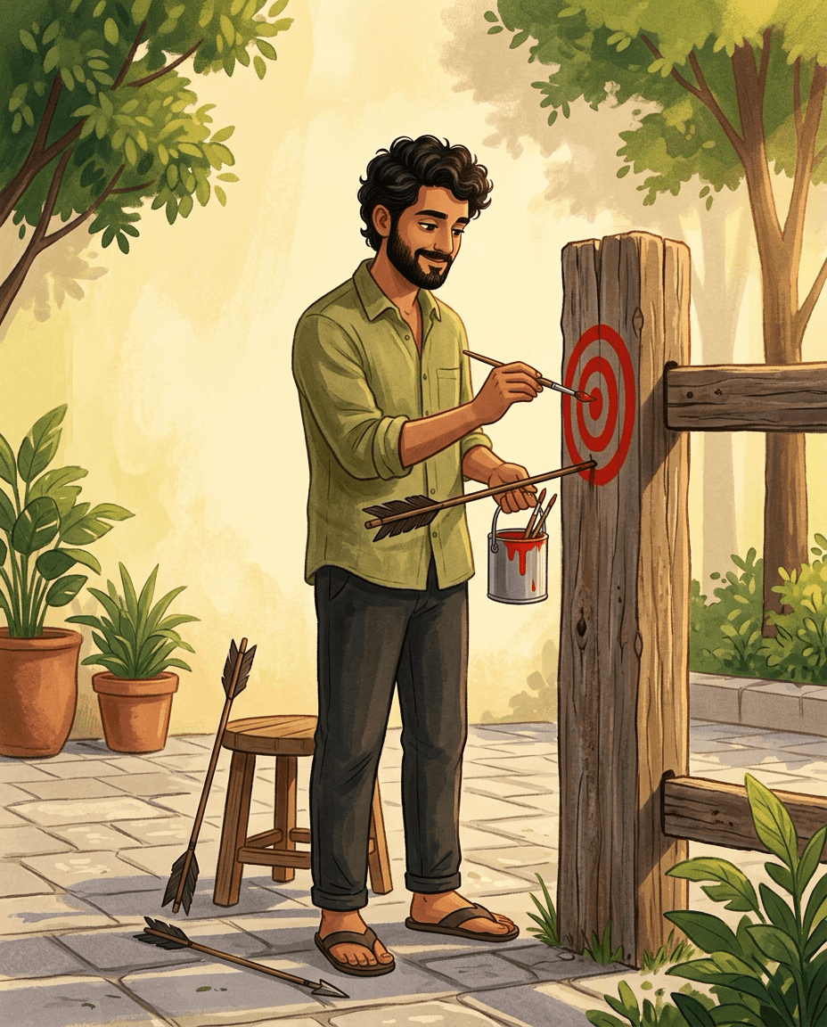 An editorial illustration of a young Indian man painting a red bullseye target around an arrow that has already landed in a wooden post.