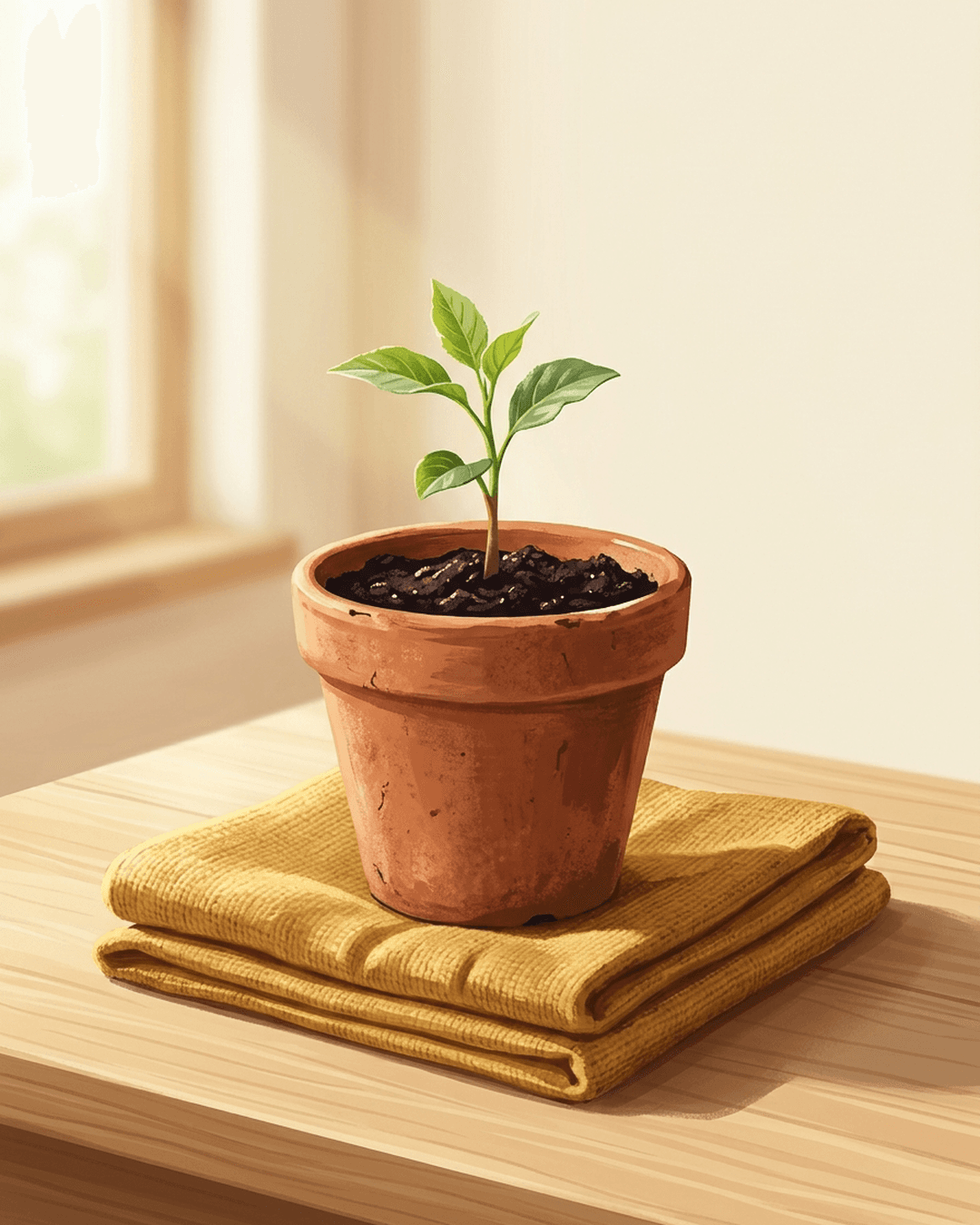 A small green sapling in a terracotta pot resting on a folded mustard-yellow cushion, symbolizing the safety cushion and the beginning of a small SIP habit.