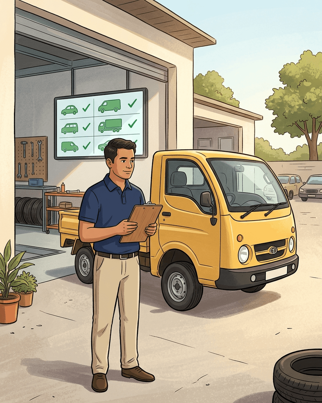 An Indian business owner inspecting a yellow delivery truck in a sunny workshop yard, representing the concept of verifying a business before investing.