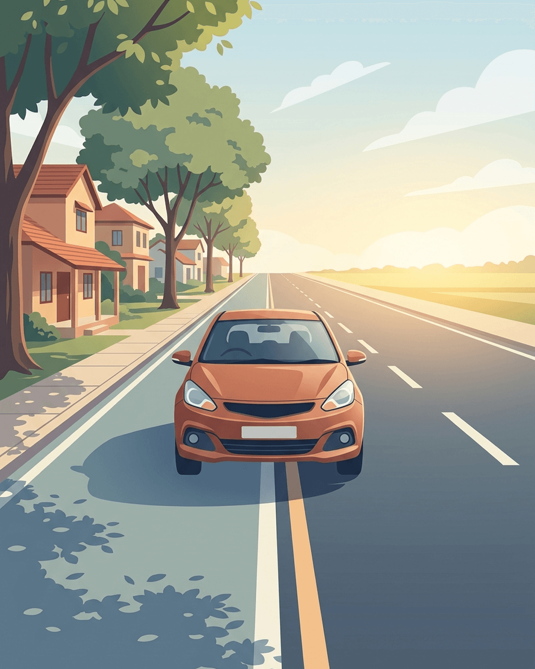 An illustration of a modern car driving smoothly on a road that is split between a calm, tree-lined residential street on the left and a wide, open highway on the right.