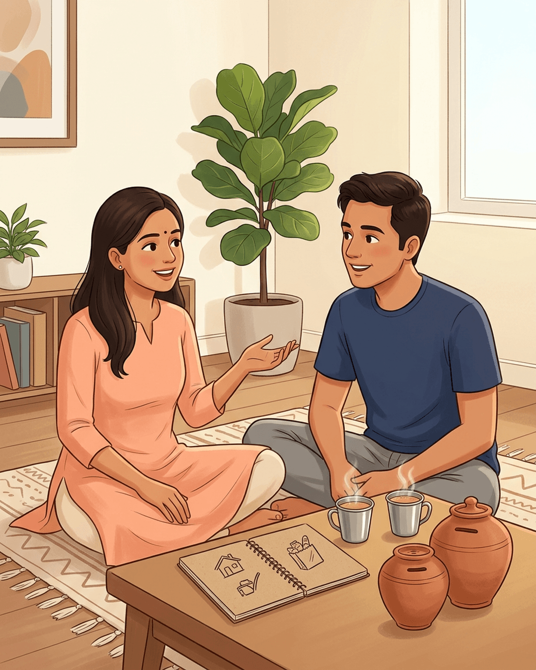 A young Indian couple sitting together in a warm room, discussing their budget with a notebook, two clay piggy banks, and cups of tea on a table.