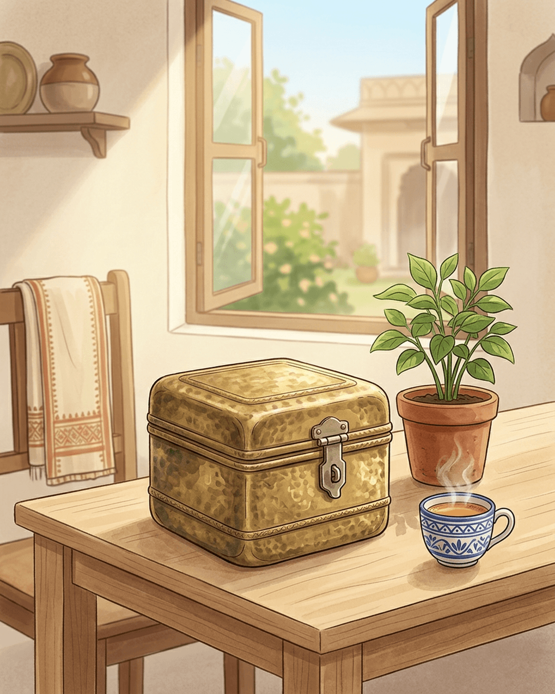A traditional Indian brass chest sits safely on a wooden table next to a small potted plant and a cup of tea, bathed in warm morning sunlight.