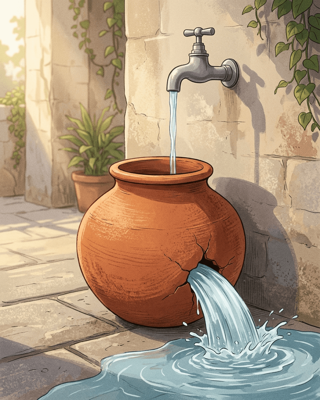 A clay water pot being filled with a thin stream of water from a tap, while a much larger stream of water leaks out from a crack at the bottom.
