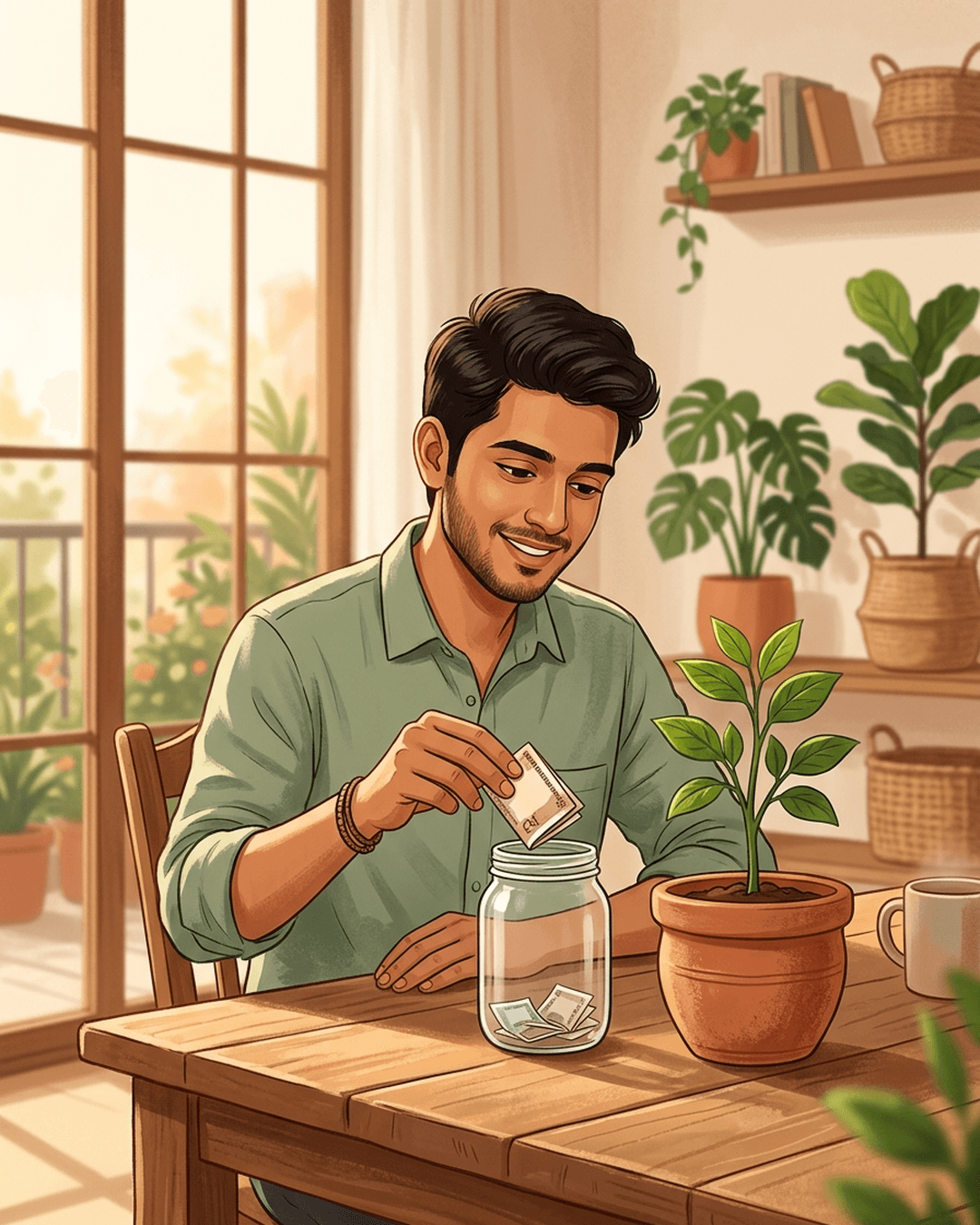 A young Indian adult sitting at a table, setting aside a small saving next to a growing green sapling in a sunlit room.