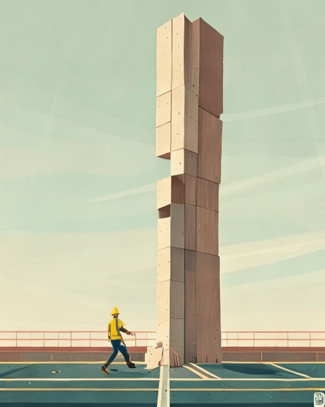 A massive concrete highway segment supported by a tall, leaning stack of wooden blocks, while a worker carefully tries to swap one block at the bottom.