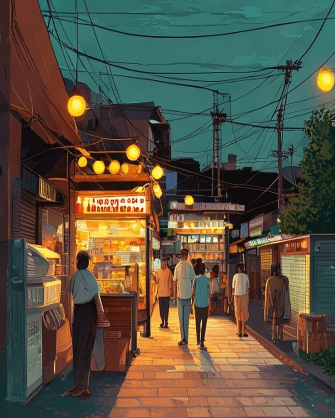 A warm twilight illustration of a bustling Indian sweet shop with a newly paved street and bright streetlights leading customers to it.