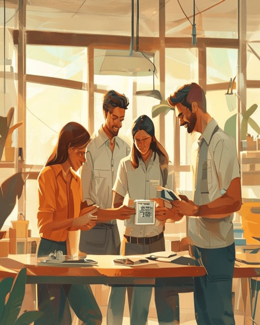 An illustration of three young Indian professionals collaborating in a bright, modern, sunlit workspace with a solar device prototype.