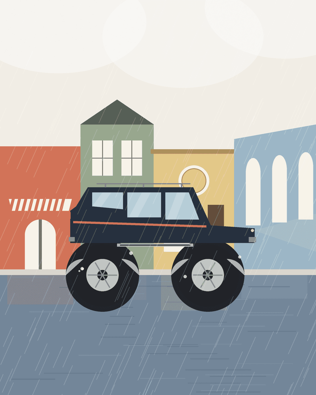 A sturdy Indian utility vehicle driving through a flooded street, showing a high ground clearance between the vehicle and the water.