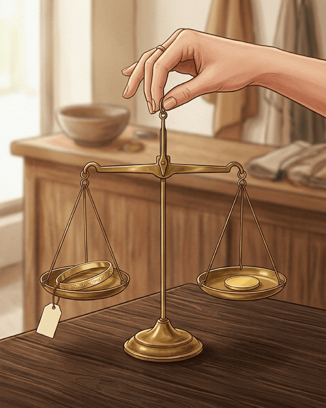 A traditional brass scale perfectly balancing a gold bangle with a blank price tag on one side and a pure gold coin on the other.