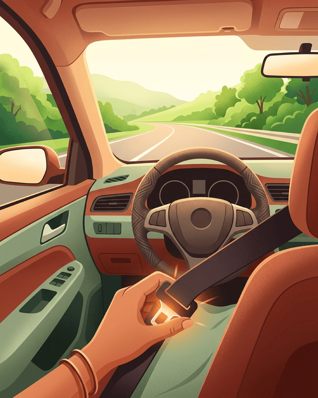 An illustration of a hand buckling a seatbelt inside a car, looking out at a road stretching forward.