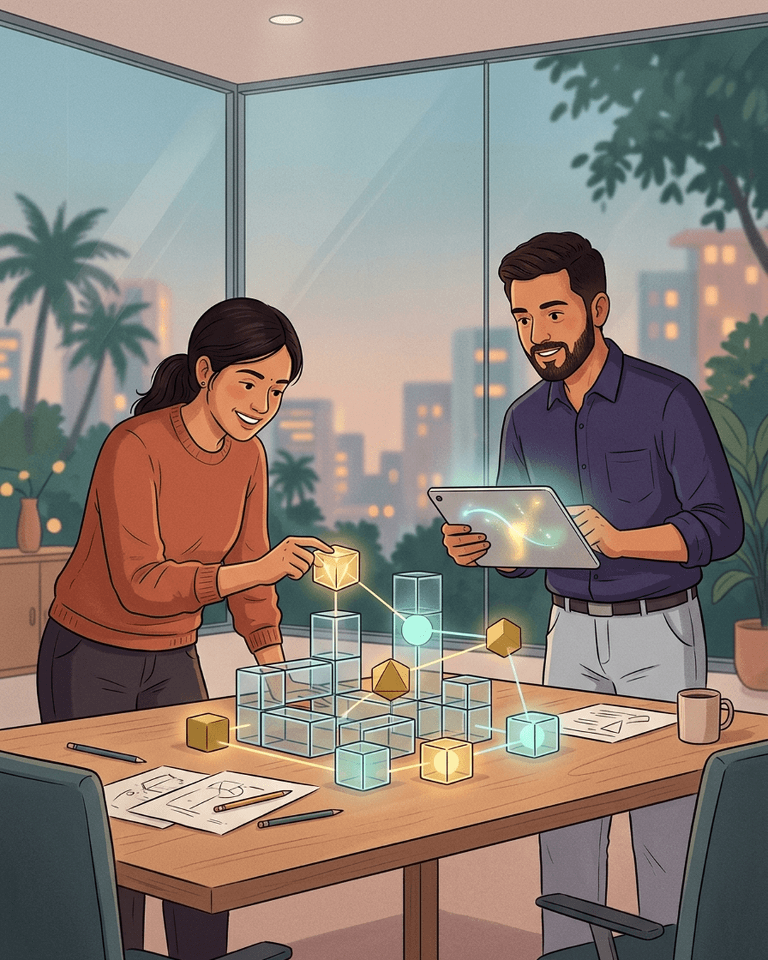 An editorial illustration of two software professionals collaborating over a glowing network model in a modern Indian office.