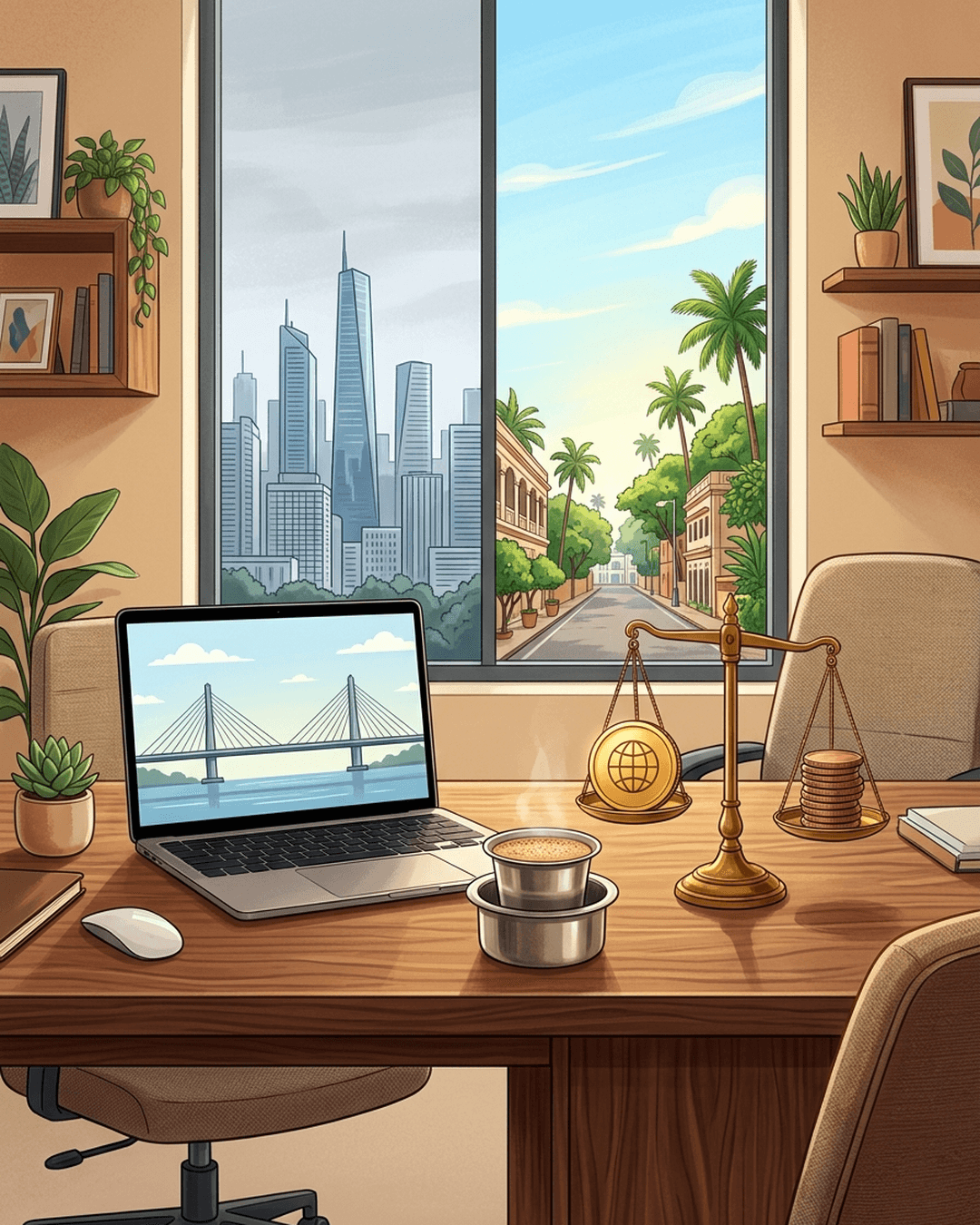 A sunlit Bangalore desk with a laptop, filter coffee, and a brass scale balancing one foreign globe coin against a stack of local coins. A window behind shows a cool foreign skyline on one side and a warm local view on the other.
