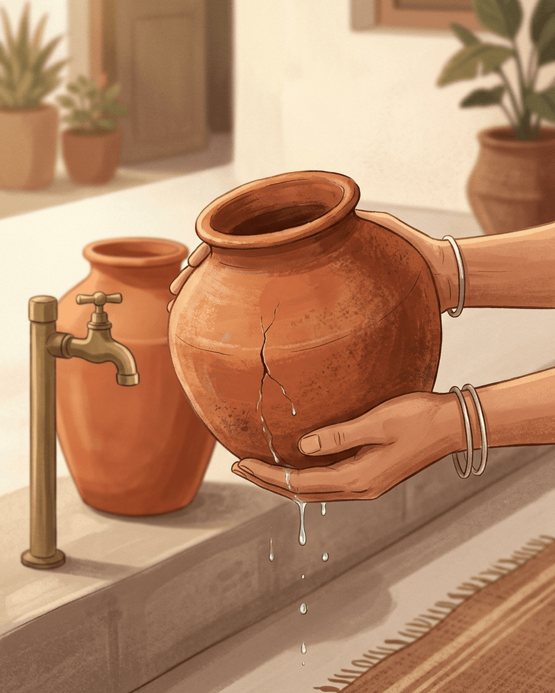 An editorial illustration of hands holding a cracked terracotta clay pot with water dripping from it, with a new pot and a water tap in the background.