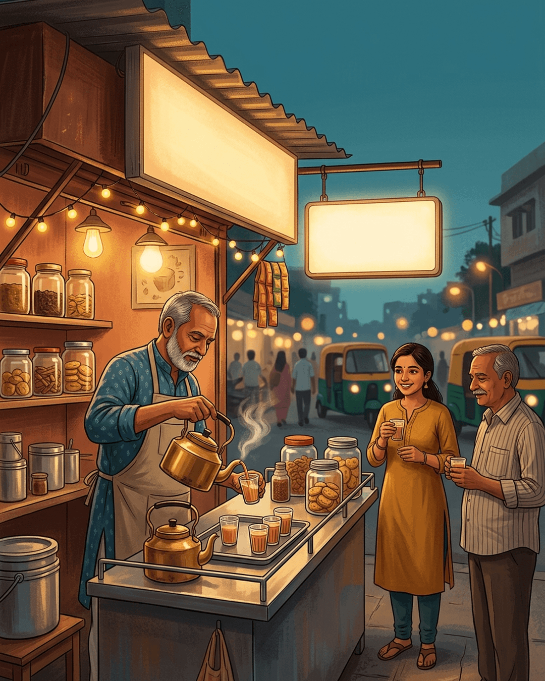 Warm editorial illustration of an Indian tea vendor pouring tea at a clean stall with a new glowing, blank signboard.