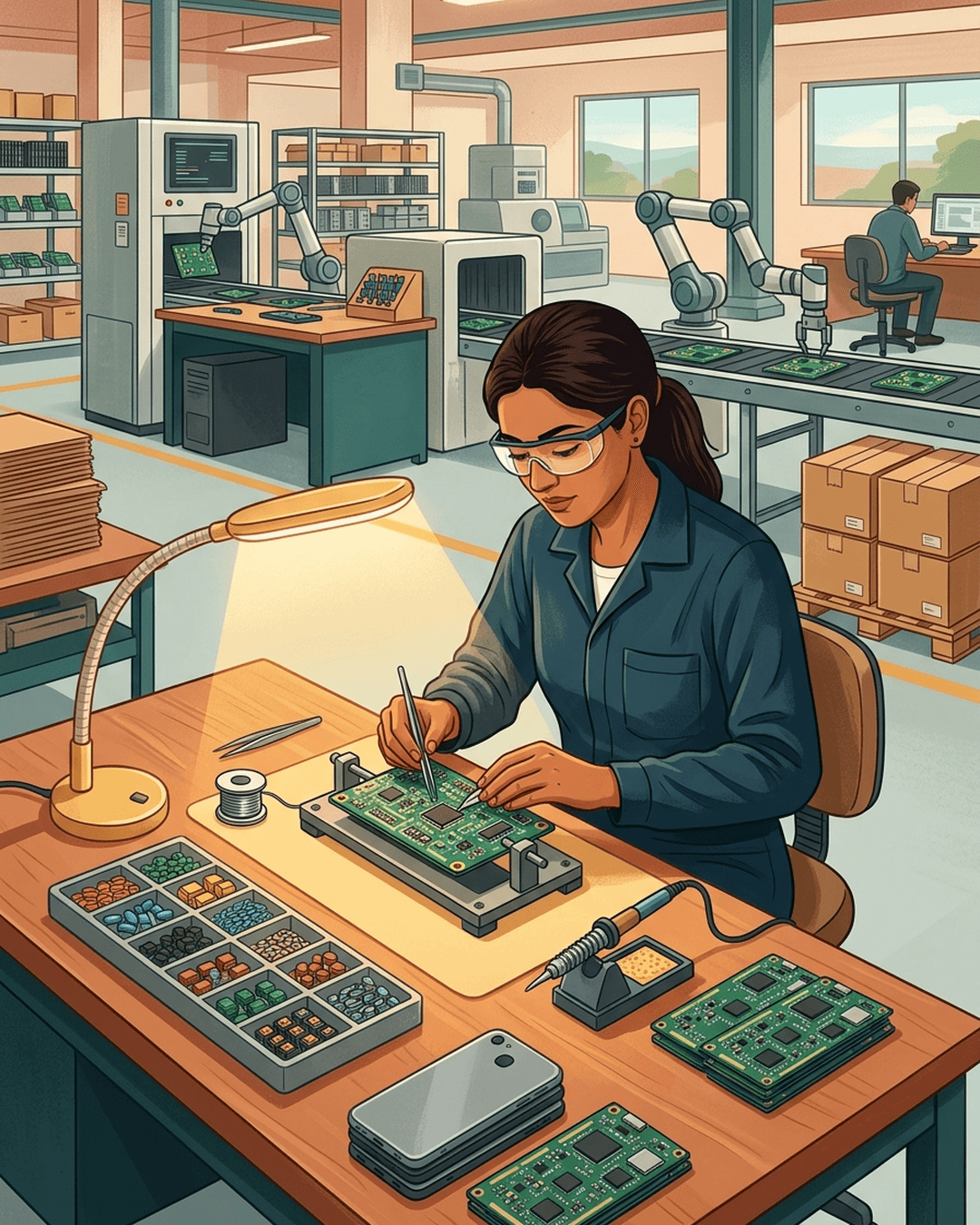 A professional Indian female technician carefully assembling electronic components on a circuit board in a modern, clean factory setting with warm lighting.