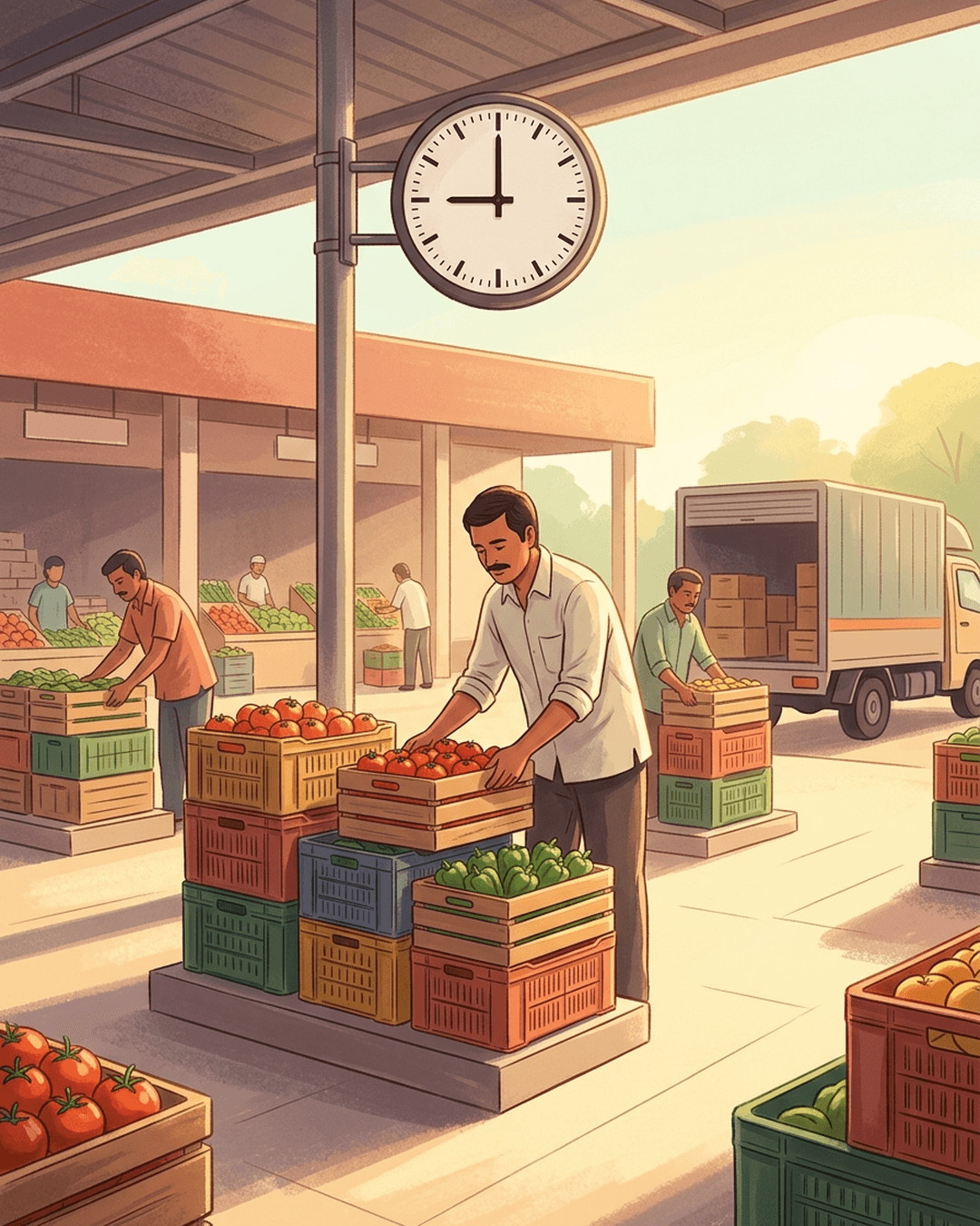 A clean, modern Indian wholesale market at dawn with a vendor organizing fresh produce crates under a large analog clock showing 9:00 AM.