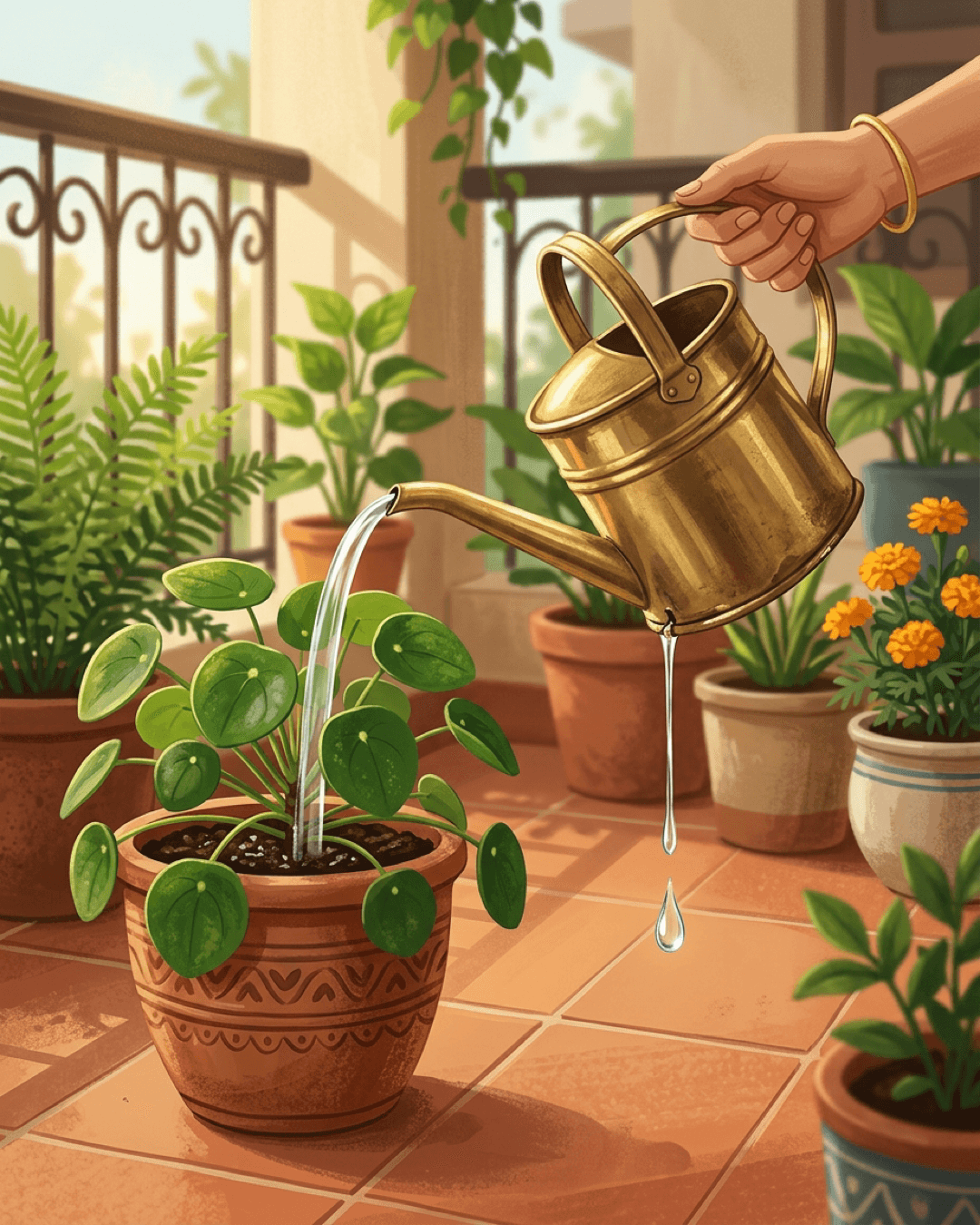 A classic brass watering can watering a green plant, with a tiny, slow leak at the bottom dripping water onto the floor.