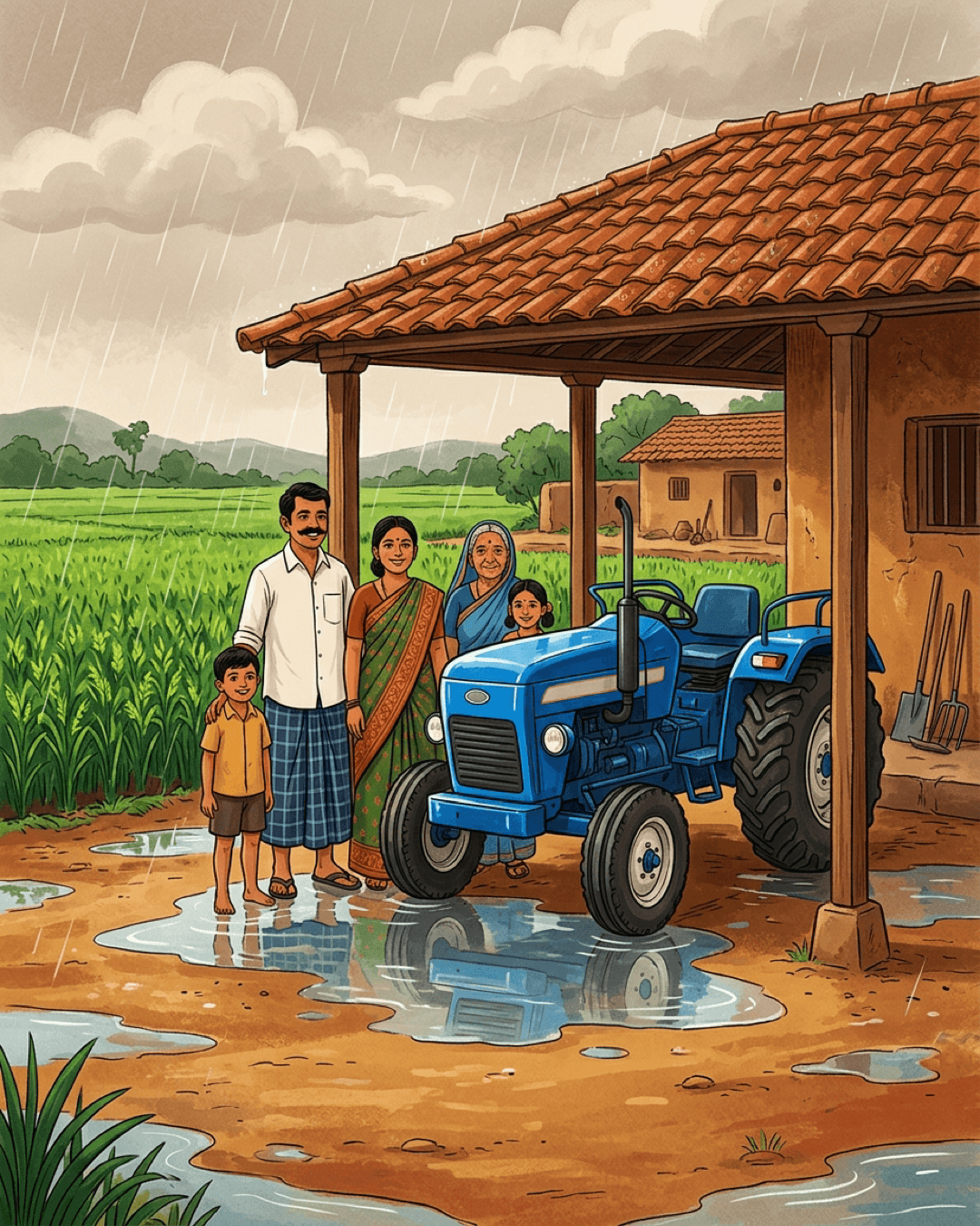 A rural Indian family standing next to a new blue tractor under a porch during monsoon rains, with green fields in the background.