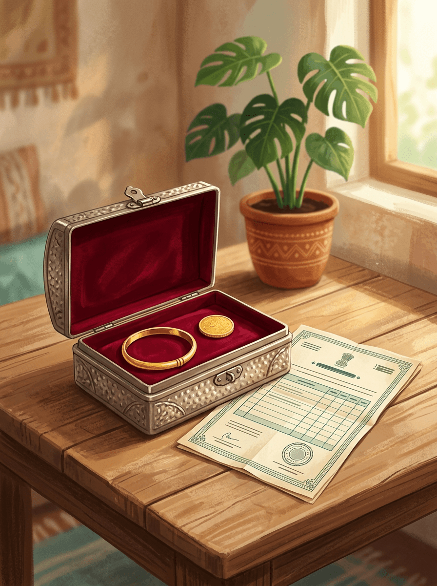A gold bangle in an open jewelry box next to a bank fixed deposit document on a wooden table.