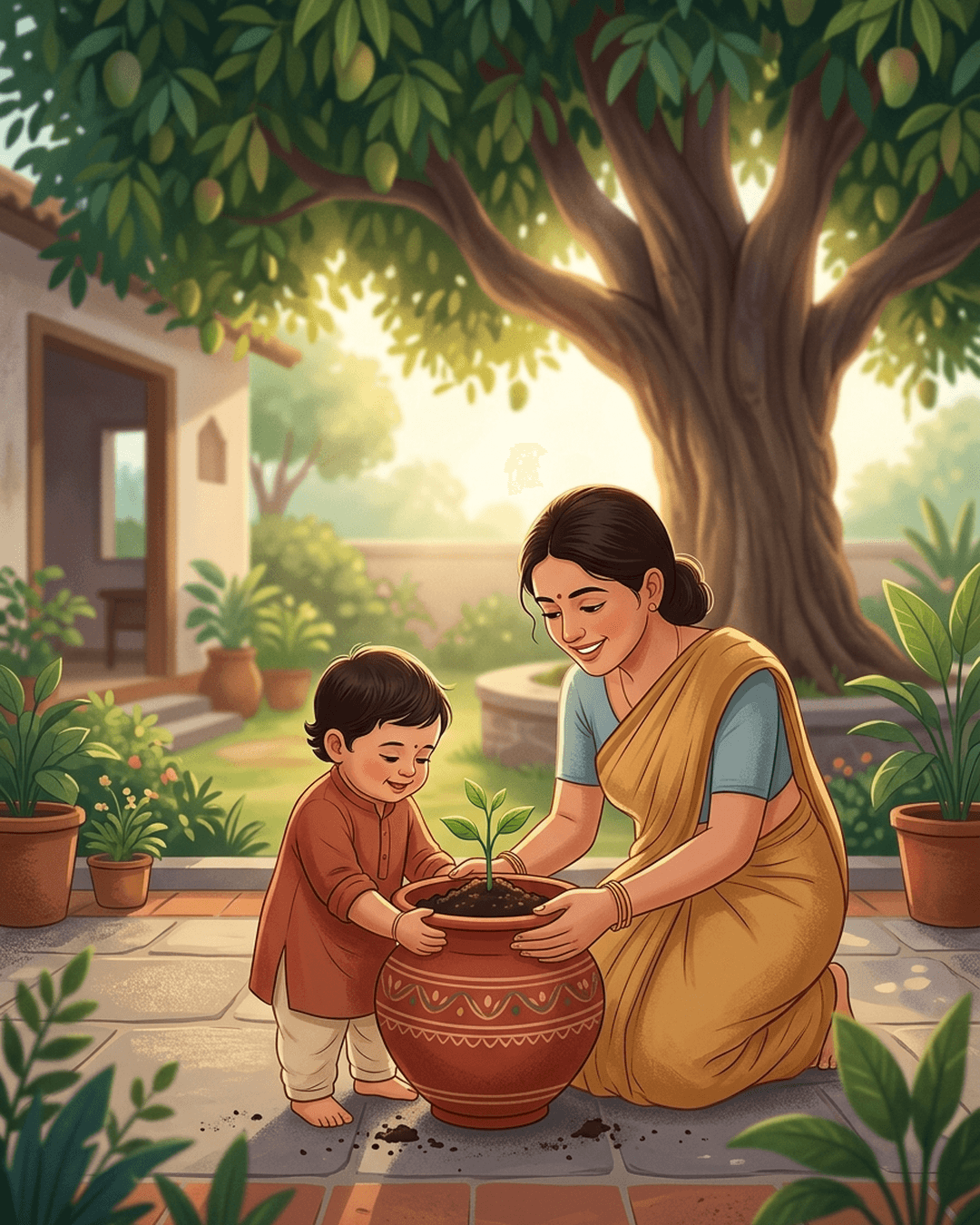 A parent and child's hands holding a small potted sapling, with a large, leafy mature tree in the background.
