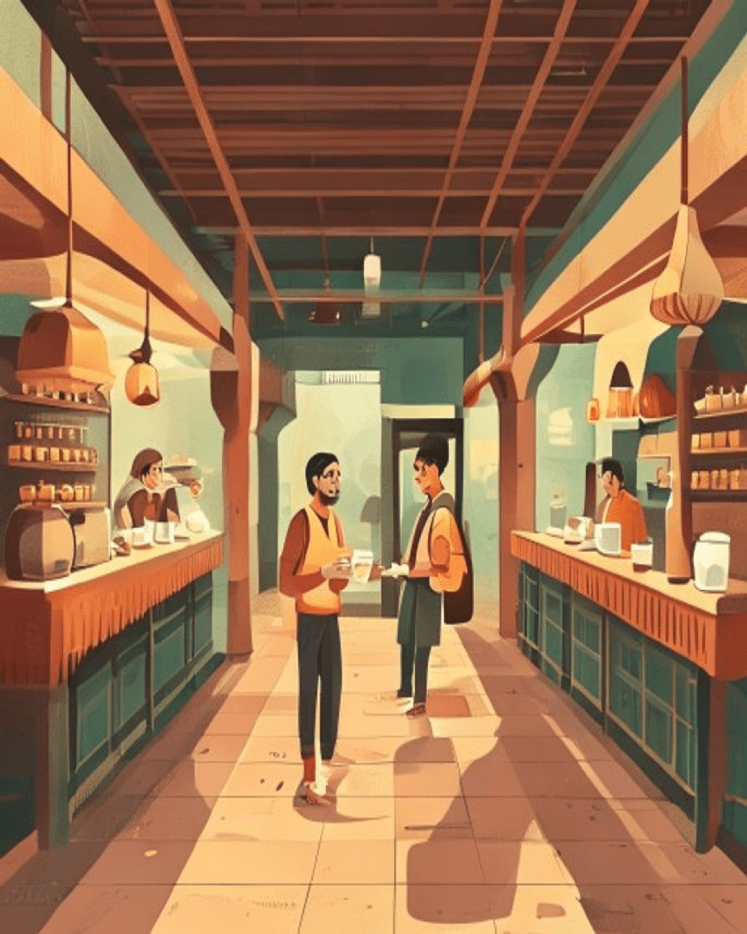 An editorial illustration of two clean, neat tea stalls at opposite ends of the same railway platform, with commuters buying tea.