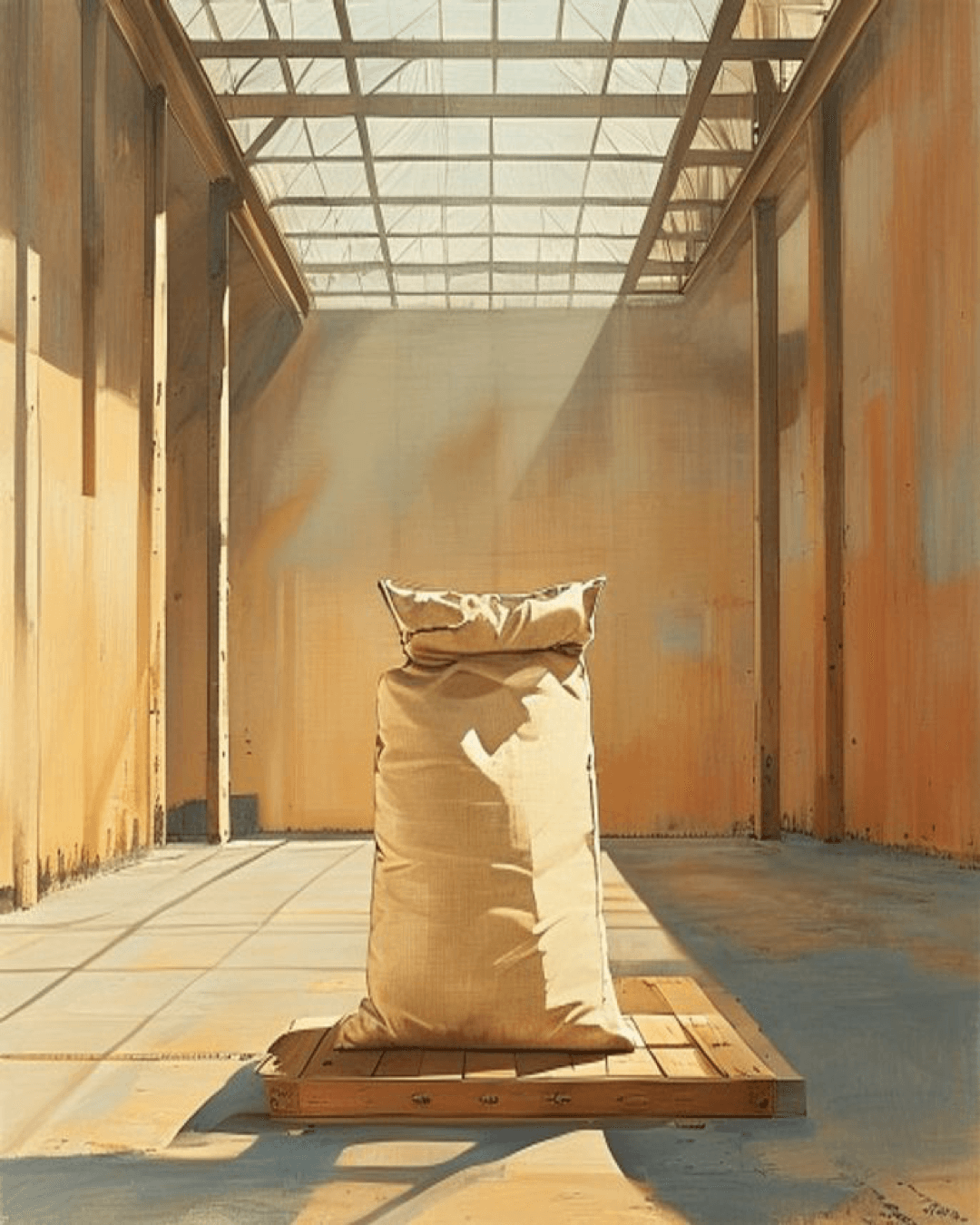 An editorial illustration of a flat cardboard cutout of a full grain sack, standing on a wooden pallet in an empty, sunlit warehouse.