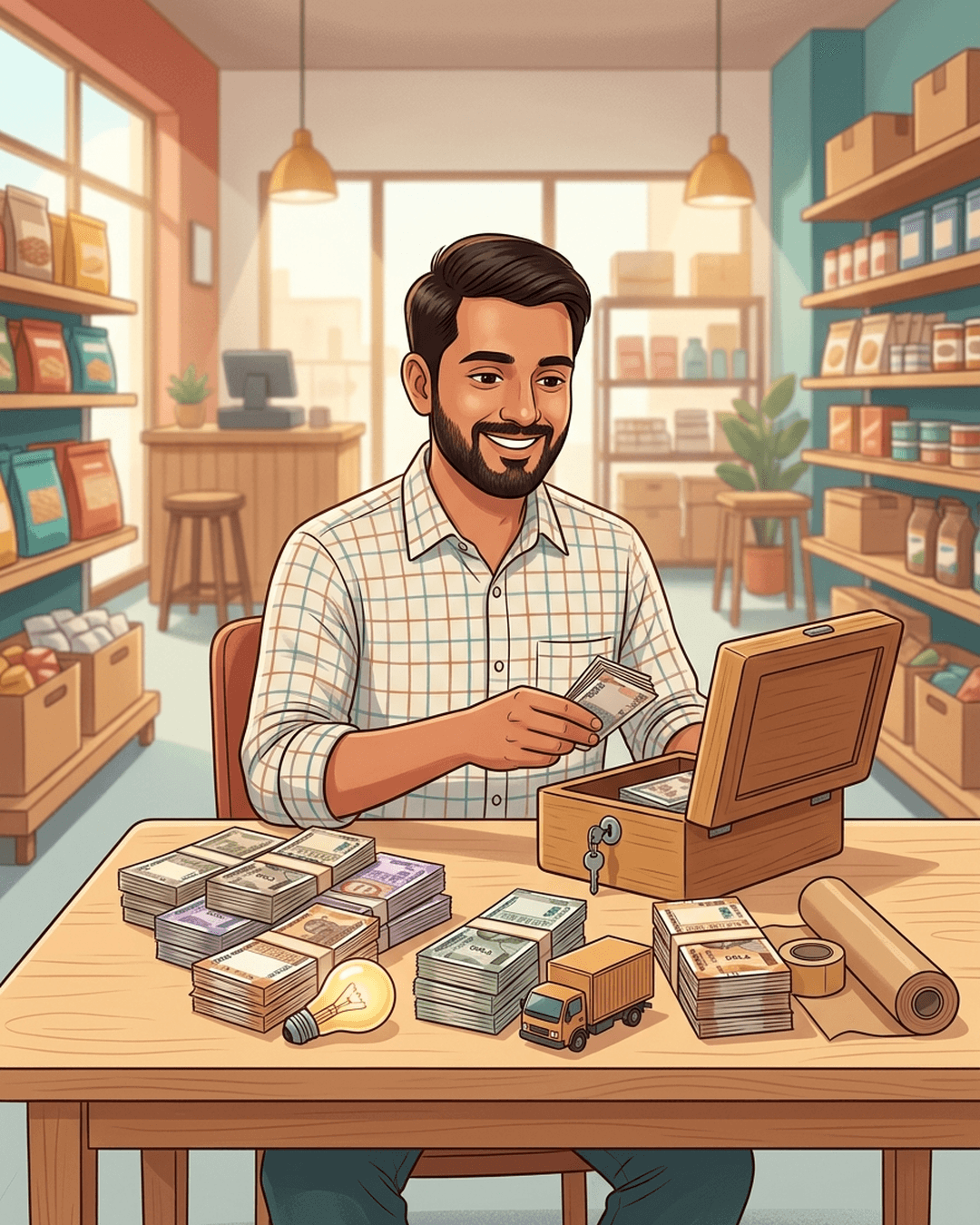 An illustration of an Indian shopkeeper distributing his daily earnings into different stacks representing operating costs like electricity, transport, and materials, leaving a small final stack for his profit.